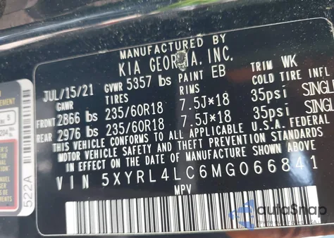 2021 Kia Sorento S z USA, uszkodzony, nr VIN 5XYRL4LC6MG066841